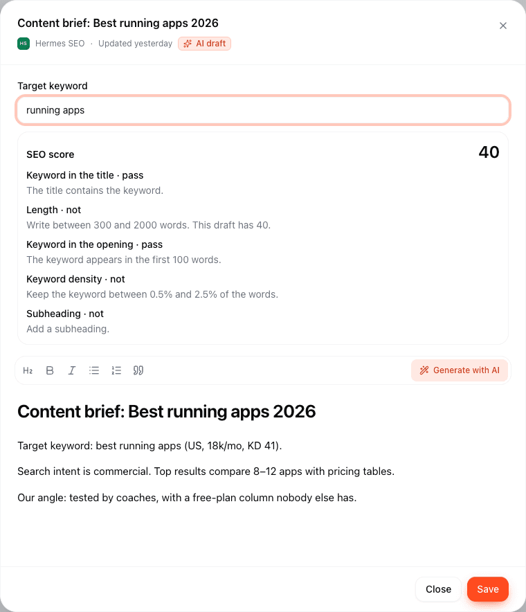 SEO editor with the target keyword running apps and a live score of 40. The title and the opening pass. Length, density, and a subheading do not.